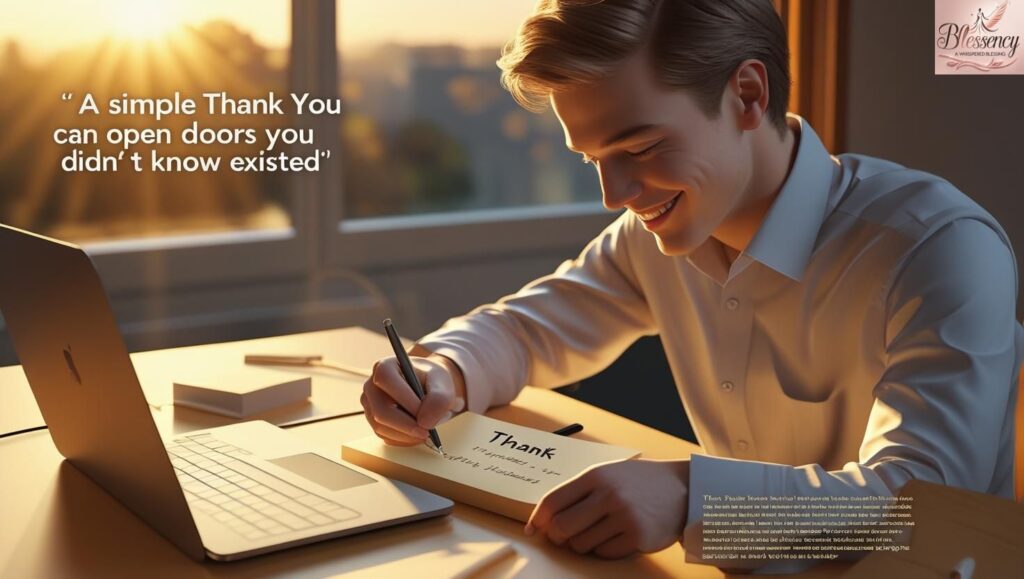 Young professional writing thank you message at sunset with warm smile