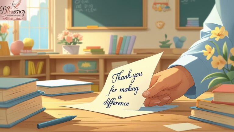 A warm classroom scene with a smiling teacher standing near a chalkboard that displays a heartfelt message. The board reads: “Thank You for Making a Difference.” This image beautifully represents a meaningful "Thank You Note to Teachers symbolizing appreciation, love, and true gratitude.