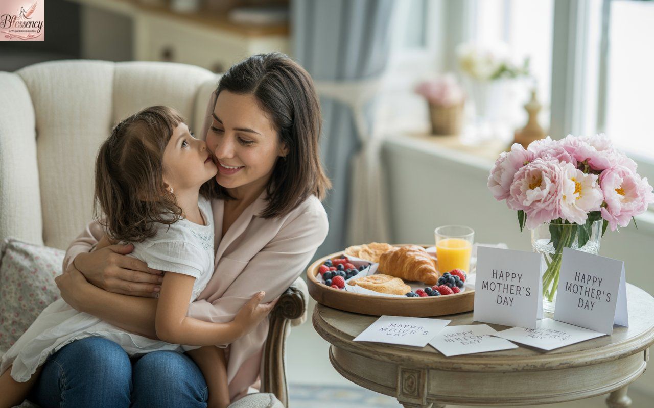 “Mother and child sharing heartfelt Mothers Day moment with flowers and handwritten cards — thank you message, family love, creative Mothers Day activities.”