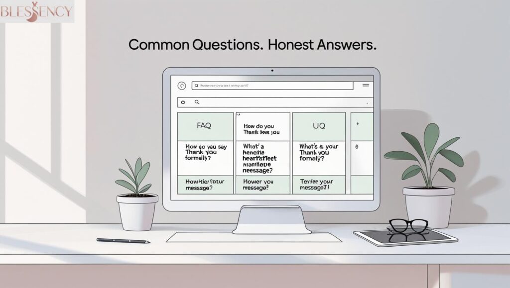 Minimalist FAQ section on screen with commonly asked thank-you message questions, shown on a clean digital workspace