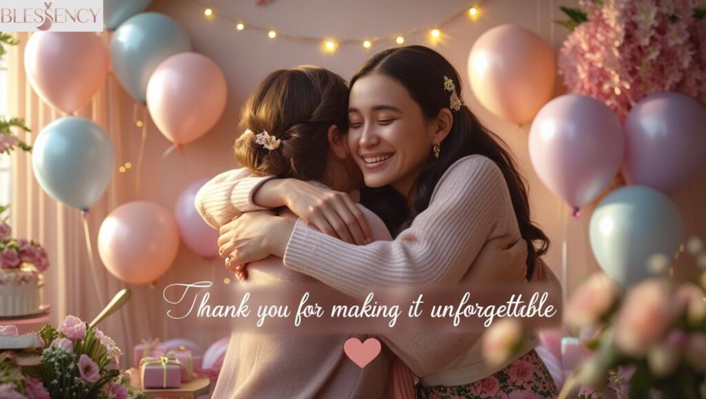 Thank you image for organizing a personal event, showing emotional hug and appreciation at a warmly decorated gathering