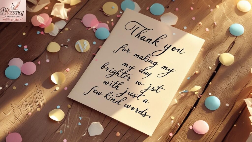 “Flat lay of thank you card with confetti – birthday appreciation message with warm tone.”