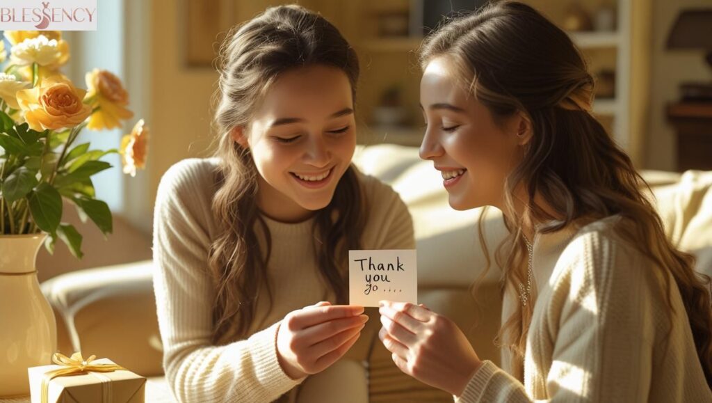 A touching moment between two sisters as one gives a heartfelt note — perfectly capturing the love behind a short thank you message for sister.