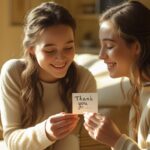A touching moment between two sisters as one gives a heartfelt note — perfectly capturing the love behind a short thank you message for sister.