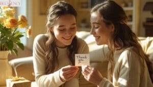 A touching moment between two sisters as one gives a heartfelt note — perfectly capturing the love behind a short thank you message for sister.