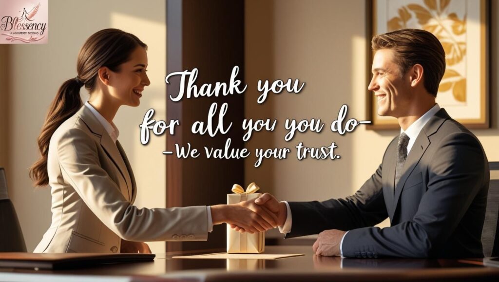 "Professional thank you message image for clients or customers – handshake in office expressing appreciation and trust"