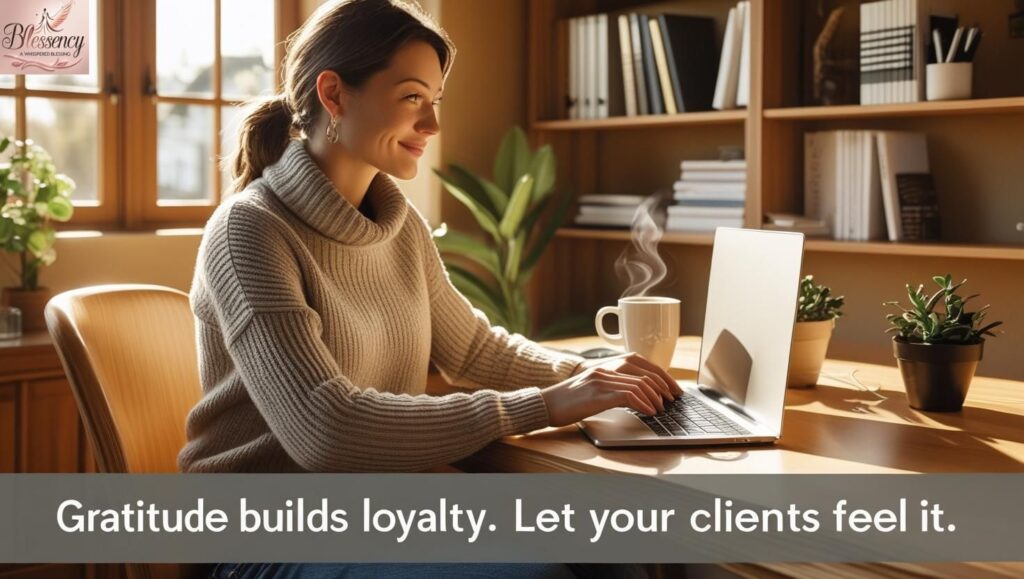 Freelancer sending thank-you message on laptop with coffee mug