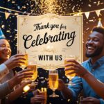 Happy group celebrating together with confetti and party decorations — thank you for celebrating with us message in center