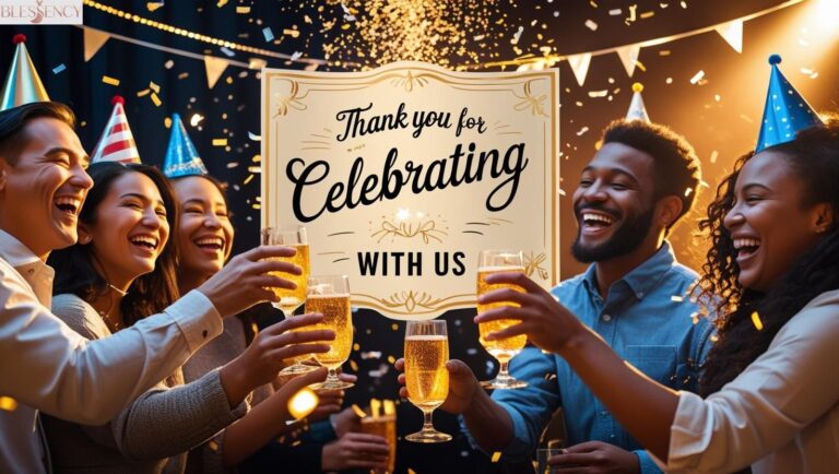 Happy group celebrating together with confetti and party decorations — thank you for celebrating with us message in center