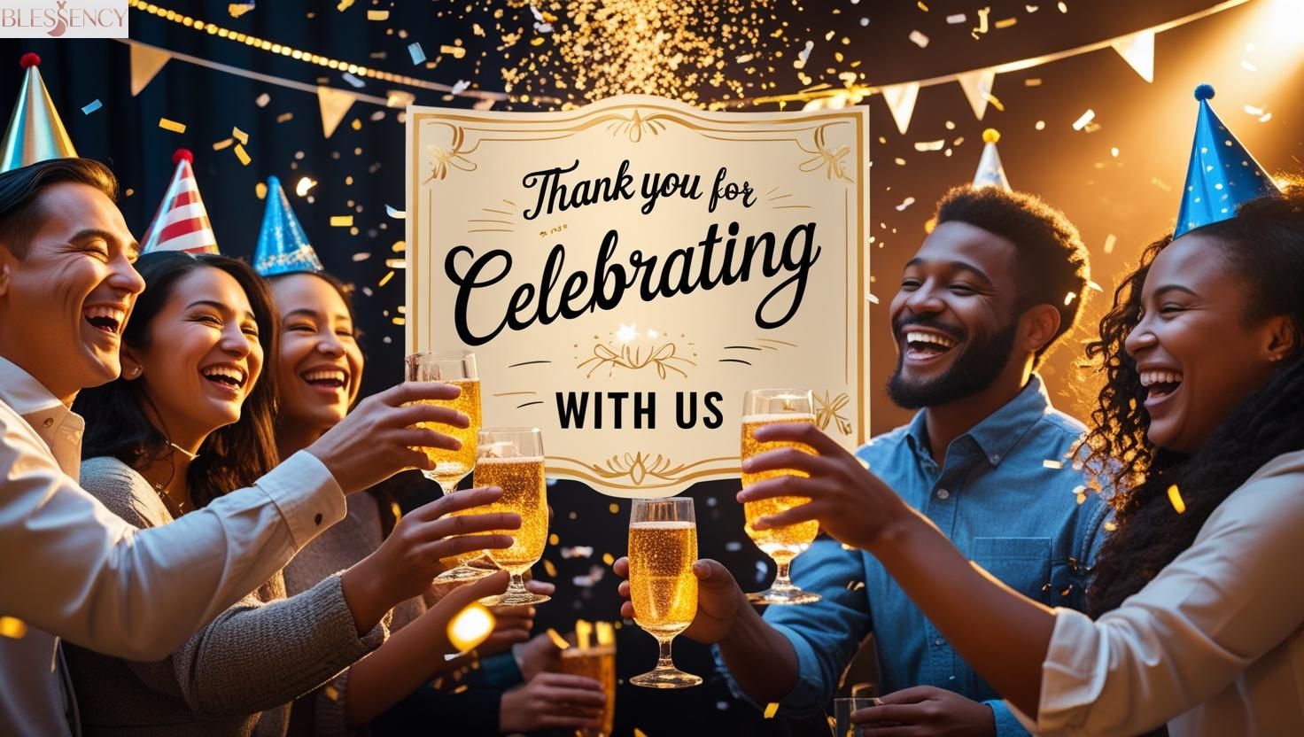 Thank You for Celebrating With Us — Heartfelt, Funny & Memorable Messages 1 Happy group celebrating together with confetti and party decorations — thank you for celebrating with us message in center