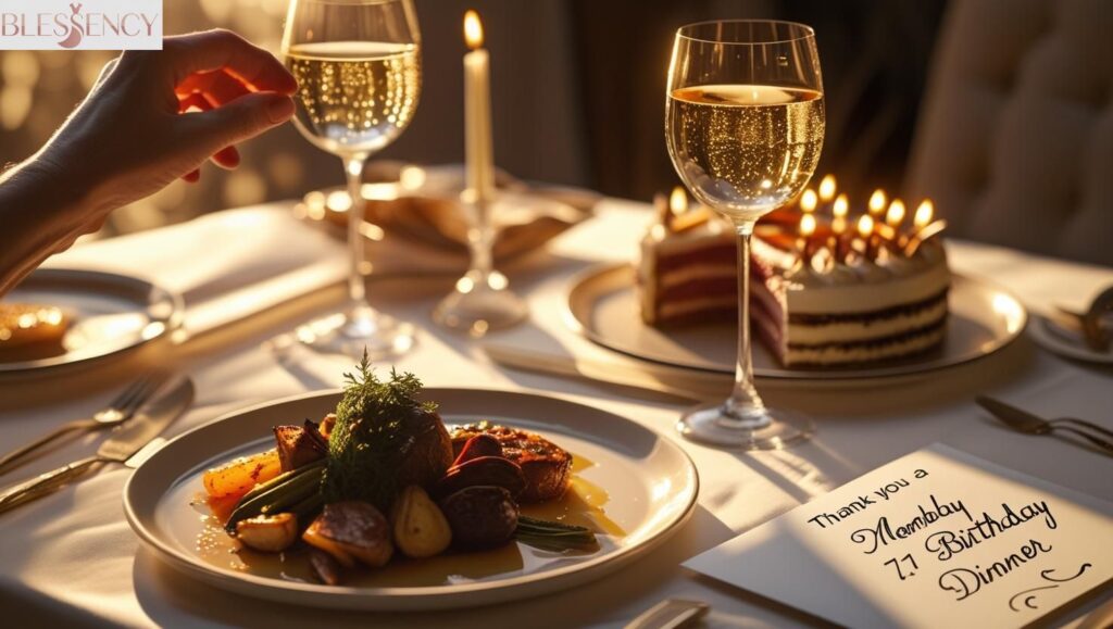Elegant birthday dinner table with thank-you card and warm candlelight ambiance