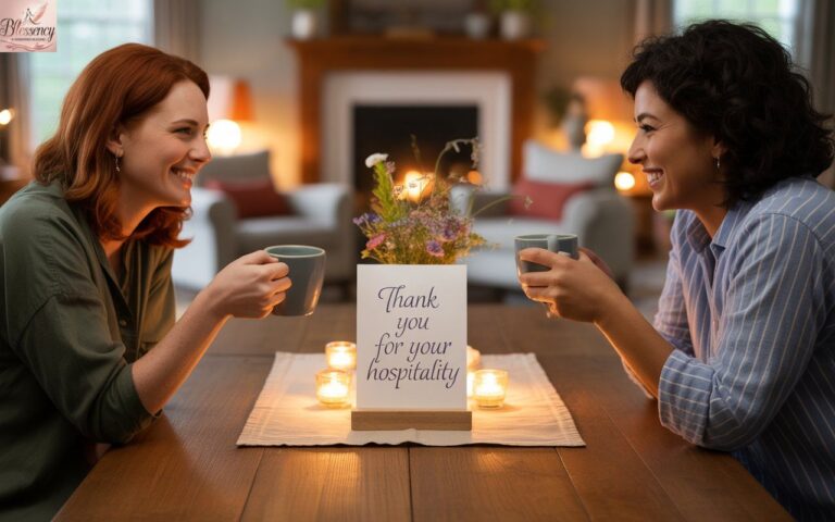 “Heartfelt thank you for your hospitality scene with warm, cozy home and people sharing genuine gratitude”