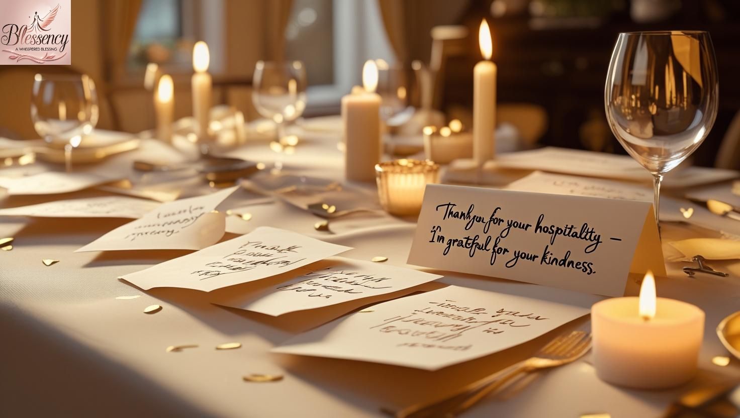Warm dinner table setup with handwritten Thank You for Your Hospitality candles, and cozy vibes — perfect image to express heartfelt hospitality gratitude.