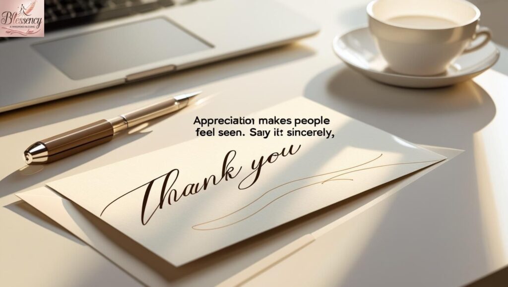 Thank you card on office desk with pen and sunlight