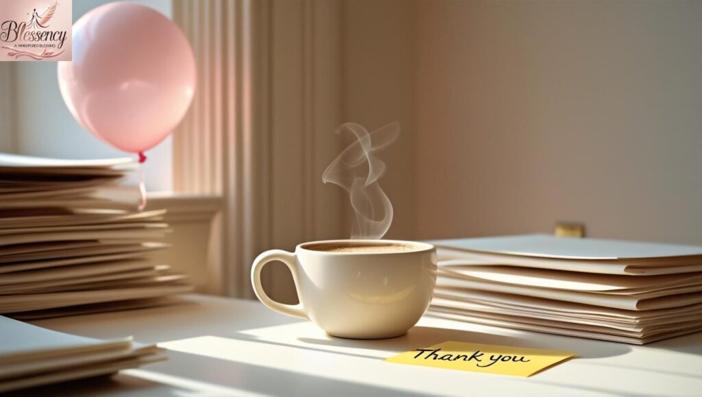 “Office desk with thank-you note and birthday balloon – workplace appreciation.”