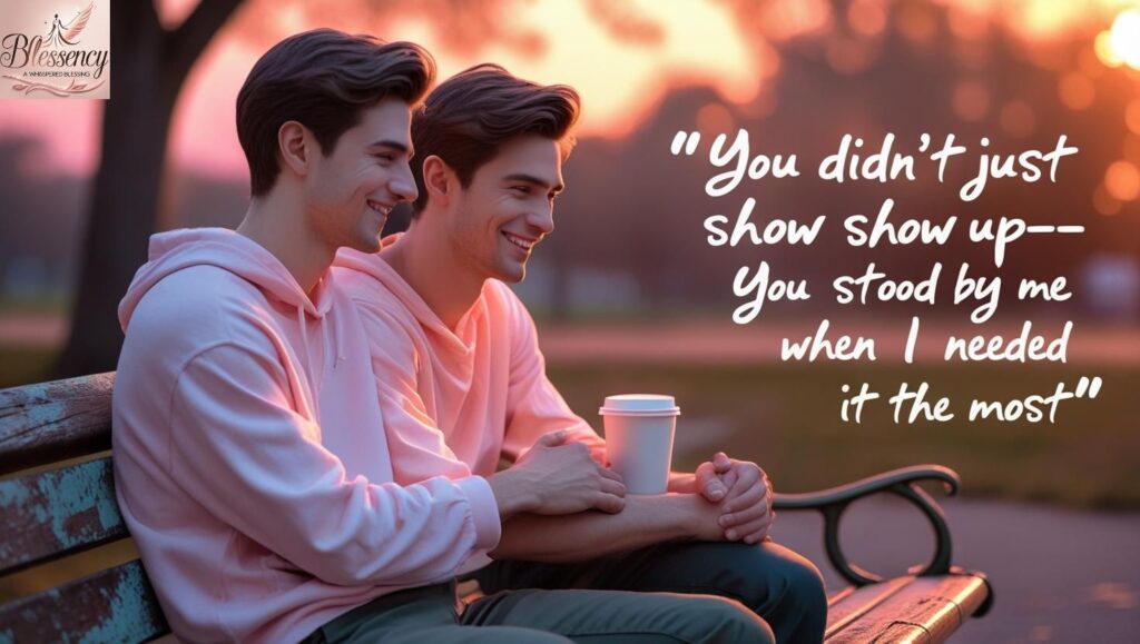 Two friends sitting on a park bench at sunset, holding hands in a moment of gratitude. Text overlay reads: “You didn’t just show up—you stood by me when I needed it the most.” The image captures heartfelt appreciation between friends.