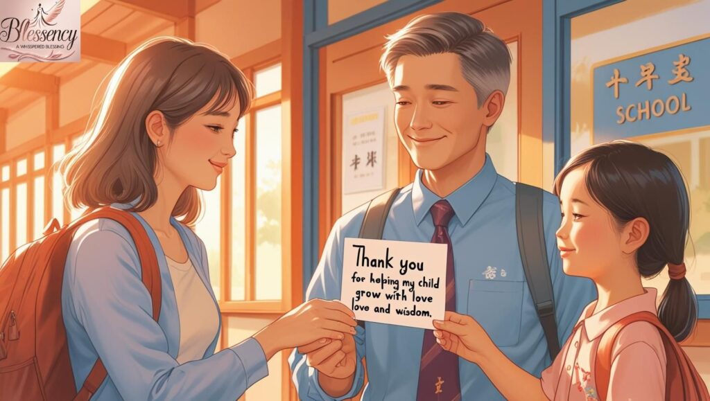 A parent handing a heartfelt thank-you card to a smiling teacher while their child stands beside them. Text on card: “Thank you for helping my child grow with love and wisdom.” The image radiates warmth, gratitude, and emotional connection.