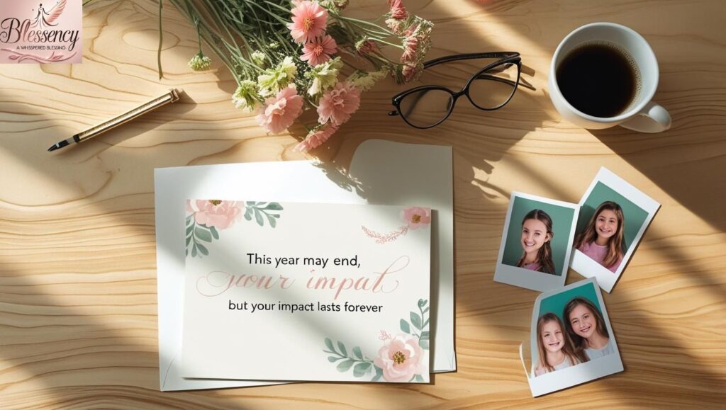 Flat-lay image of a thank-you note on a teacher’s desk, with flowers, coffee, and polaroid photos. Text reads: “This year may end, but your impact lasts forever.” Warm, modern, and emotionally elegant.