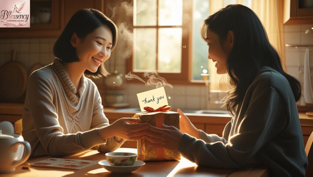 A heartfelt moment where someone gives a thank-you gift and handwritten card across a warm kitchen table, showing gratitude through real actions.