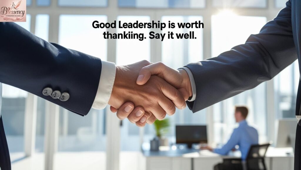 Employee shaking hands with boss, both smiling, professional setting