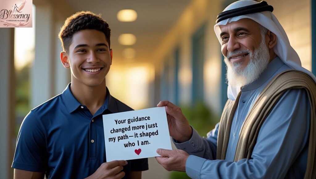 A young person handing a thank-you card to their mentor in an emotional moment of gratitude. The card reads: “Your guidance changed more than just my path—it shaped who I am.” The scene reflects deep appreciation and personal growth.