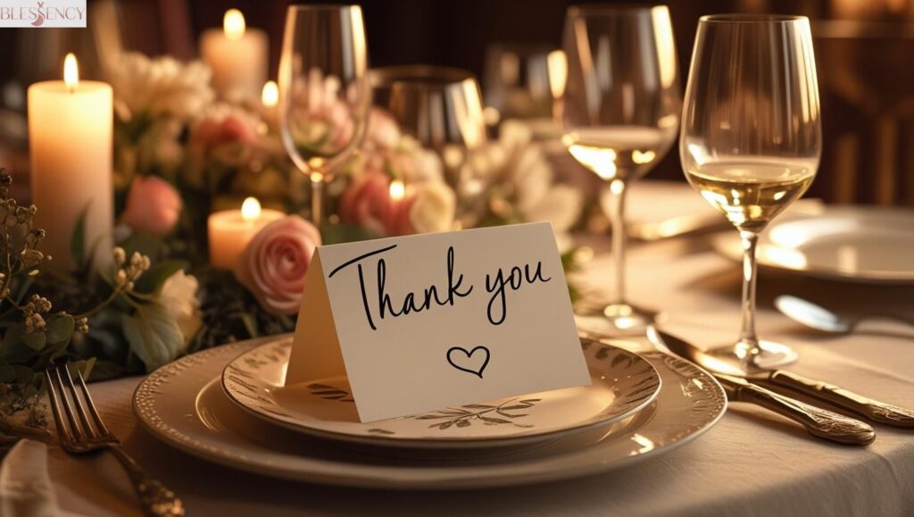A beautifully set dinner table with a handwritten thank you note, soft candlelight, and elegant tableware — perfect visual for a blog about the perfect thank you note for dinner.