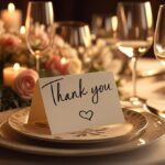 A beautifully set dinner table with a handwritten thank you note, soft candlelight, and elegant tableware — perfect visual for a blog about the perfect thank you note for dinner.