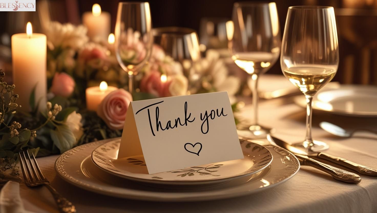 A beautifully set dinner table with a handwritten thank you note, soft candlelight, and elegant tableware — perfect visual for a blog about the perfect thank you note for dinner.