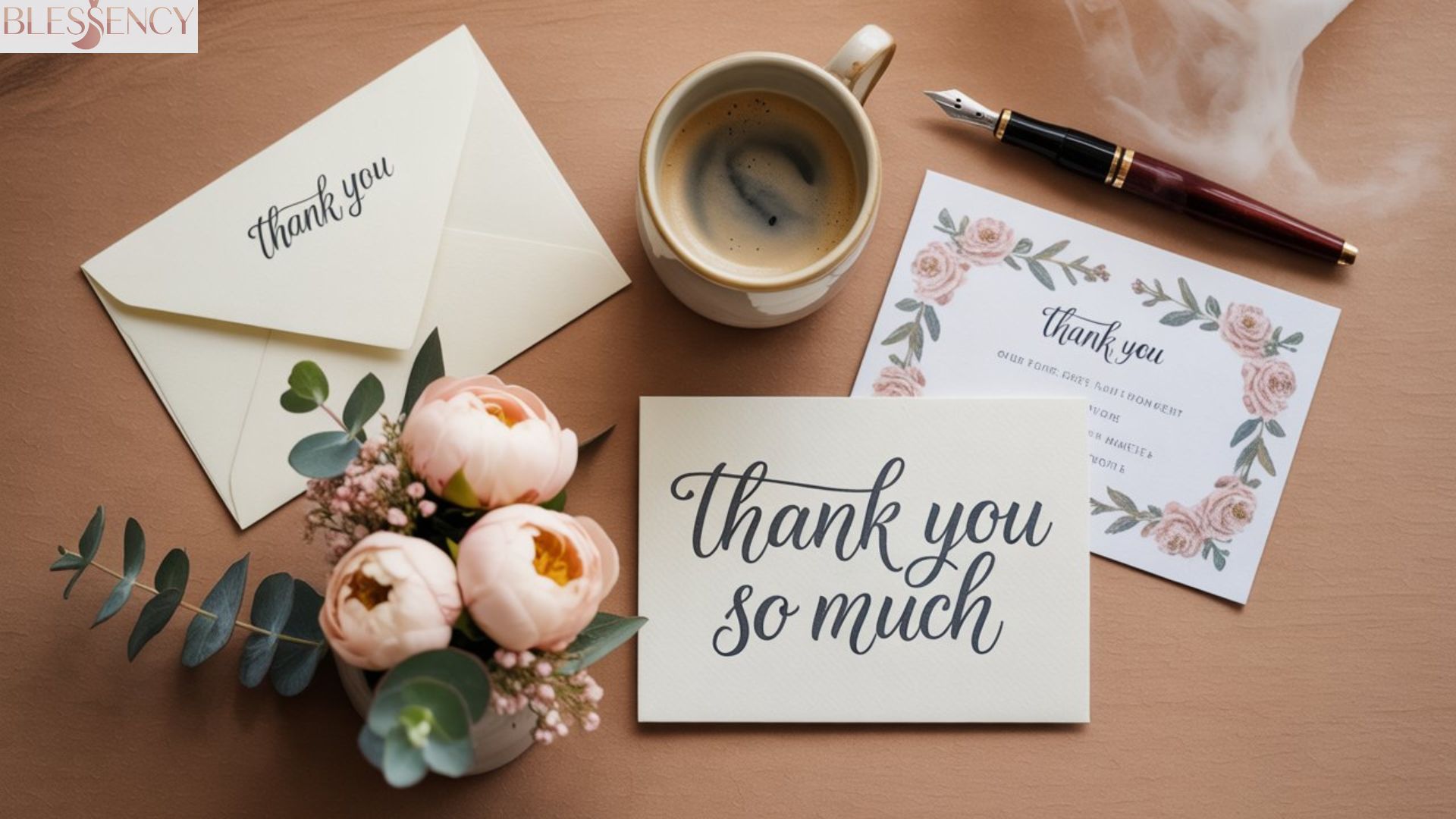 Flat lay of thank-you cards, pen, flowers, and coffee cup on wooden table for a thank-you guide