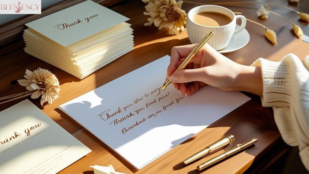 “Person writing a thank you note on elegant stationery with tips for writing a great thank you note shown through thoughtful setup.”