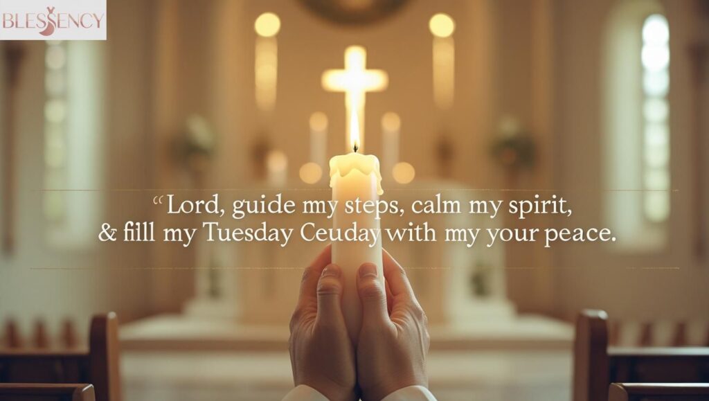 Hands in prayer with glowing candle and faith-based Tuesday prayer message in peaceful setting