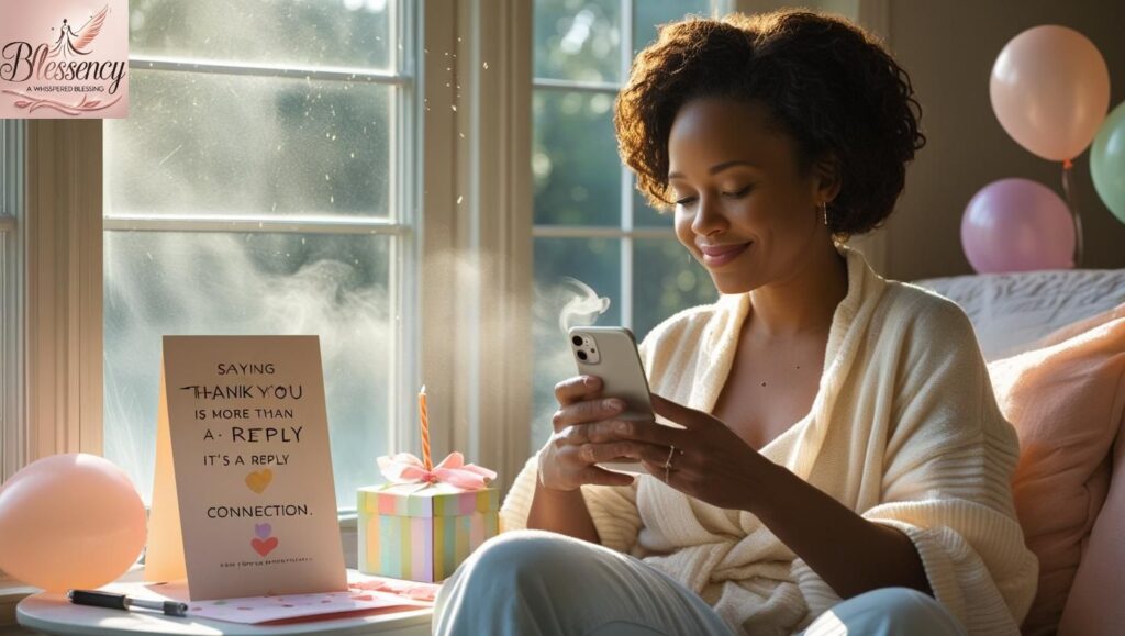 A peaceful scene of someone smiling at heartfelt birthday messages on a phone, with soft lighting and thank-you notes nearby — illustrating why learning how to thank people for birthday wishes truly matters.