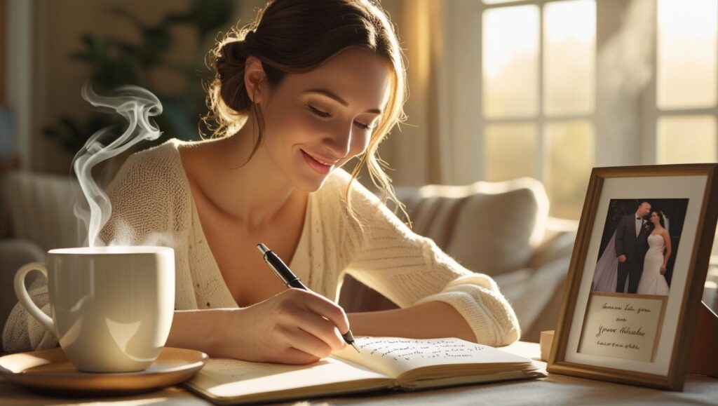 Woman writing heartfelt appreciation message to husband in warm, cozy living room setting