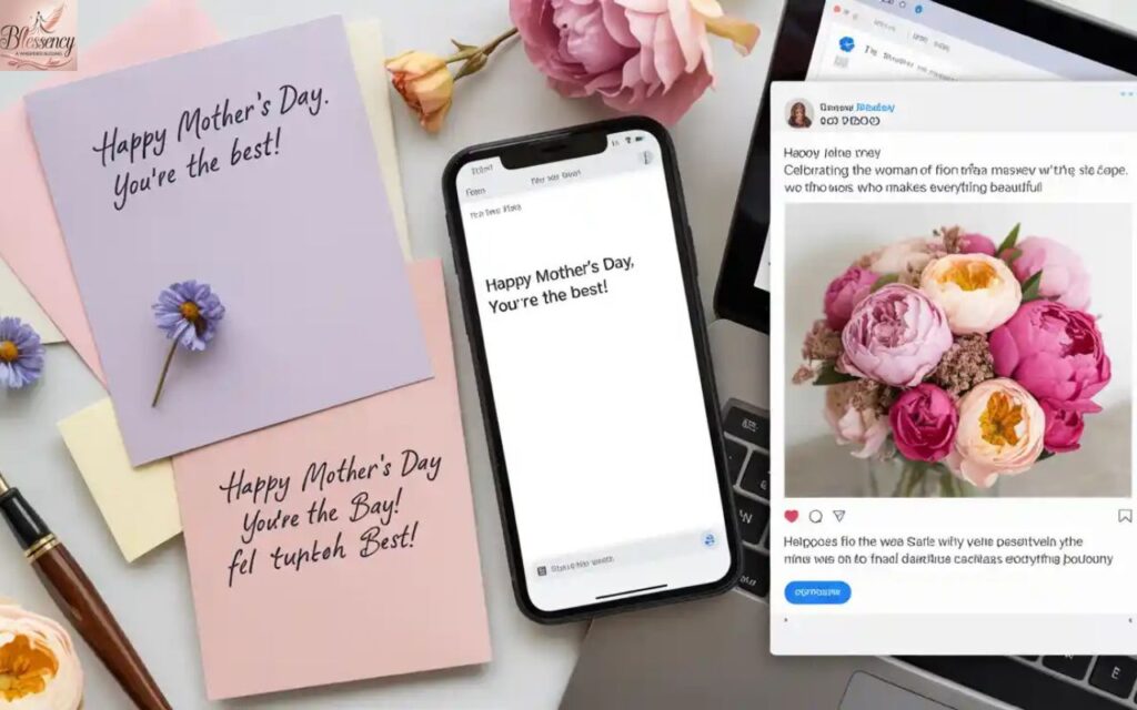 “Handwritten Mother’s Day card, text message, email draft, and social media post with heartfelt thank-you words for mom.”