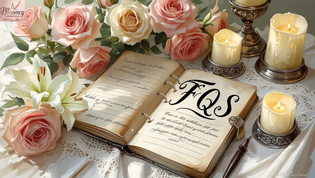 Open notebook with FAQs written in elegant handwriting among candles and flowers.