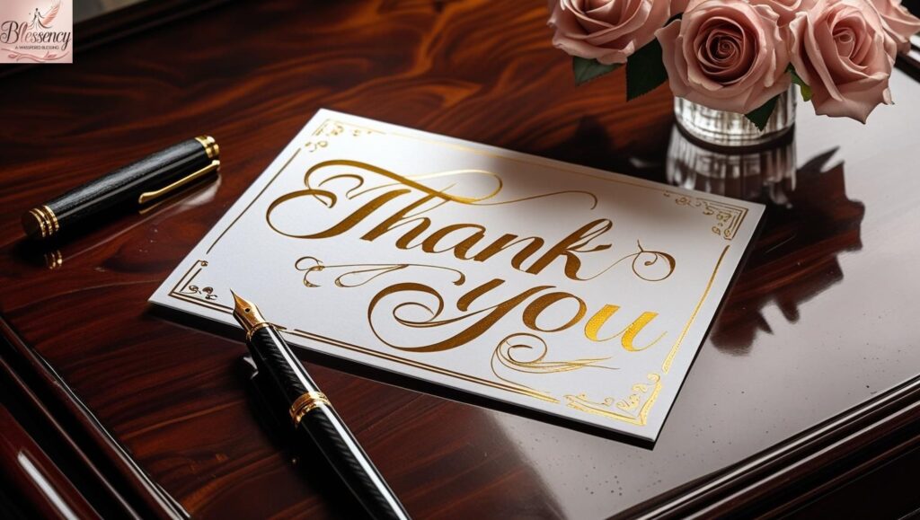 Elegant thank-you card with gold calligraphy on a dark table with floral decor.
