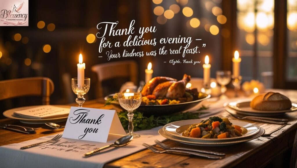 Cozy dinner table setup with candles and handwritten thank-you card — perfect image to express gratitude after a meal.