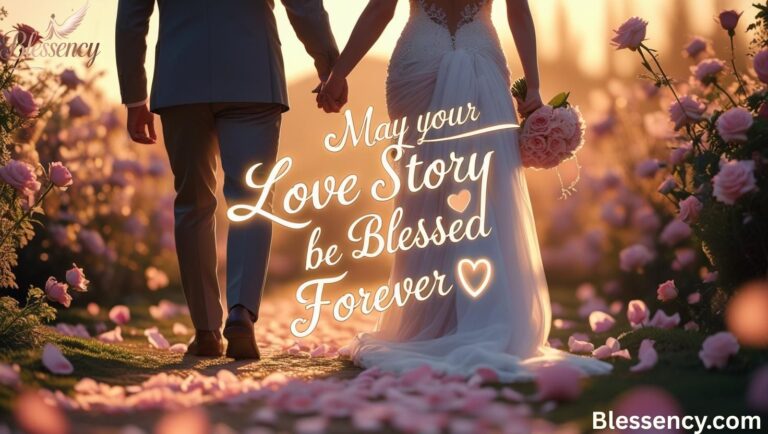 "A romantic wedding moment with bride and groom under floral arch at sunset with wedding blessings quote overlay – perfect for inspirational wedding blog"