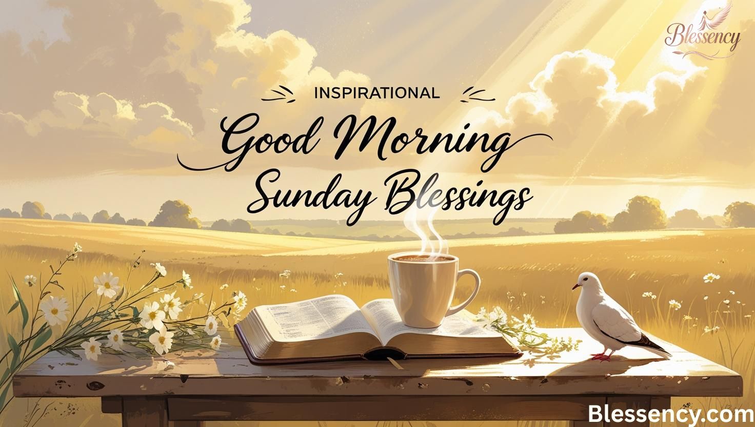 "Inspirational good morning Sunday blessings with golden sunrise, peaceful countryside view, coffee cup, Bible, and gentle dove symbolizing hope and faith."