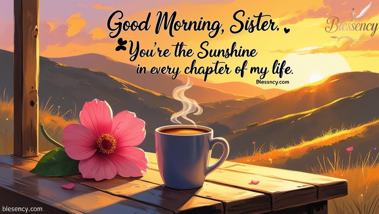 A beautiful sunrise with a white coffee cup and pink flower, soft golden light in the background, with the quote “Good Morning Sister Image Quotes – You’re the sunshine in every chapter of my life.”