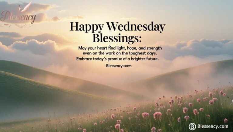 “Happy Wednesday Blessings sunrise image with rolling hills, soft morning mist, uplifting blessings quote overlay, and Blessency.com watermark for blogs and social media.”