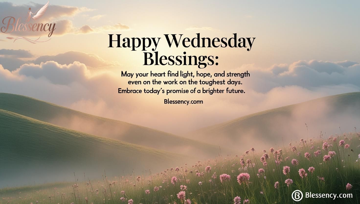 “Happy Wednesday Blessings sunrise image with rolling hills, soft morning mist, uplifting blessings quote overlay, and Blessency.com watermark for blogs and social media.”
