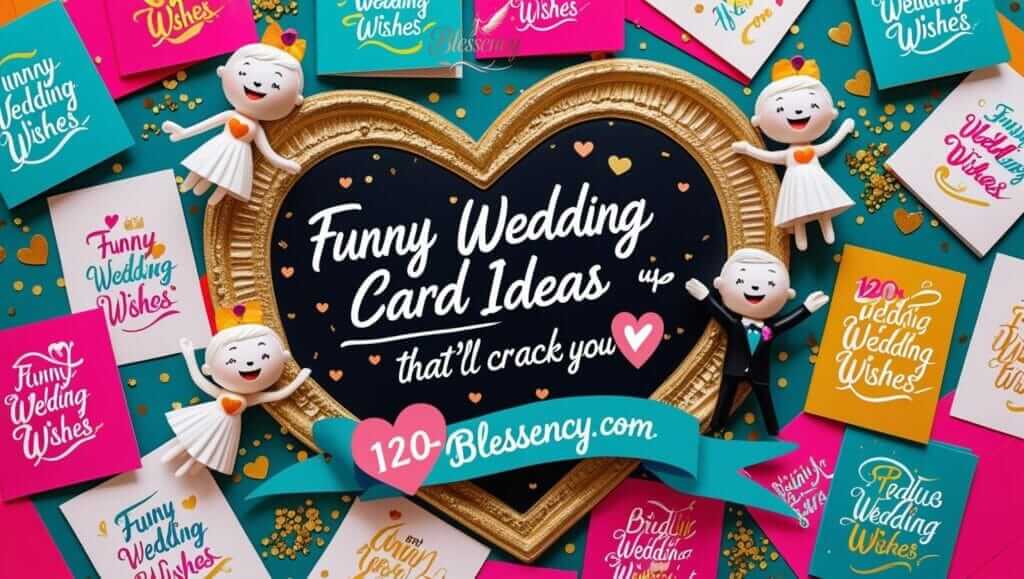 “120+ funny wedding card messages to make couples laugh – colorful wedding cards, confetti, and cartoon bride & groom with text overlay ‘Funny Wedding Wishes That’ll Crack You Up – Blessency.com’. Ideal for humorous wedding quotes and wedding card jokes.”