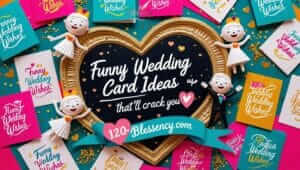 “120+ funny wedding card messages to make couples laugh – colorful wedding cards, confetti, and cartoon bride & groom with text overlay ‘Funny Wedding Wishes That’ll Crack You Up – Blessency.com’. Ideal for humorous wedding quotes and wedding card jokes.”