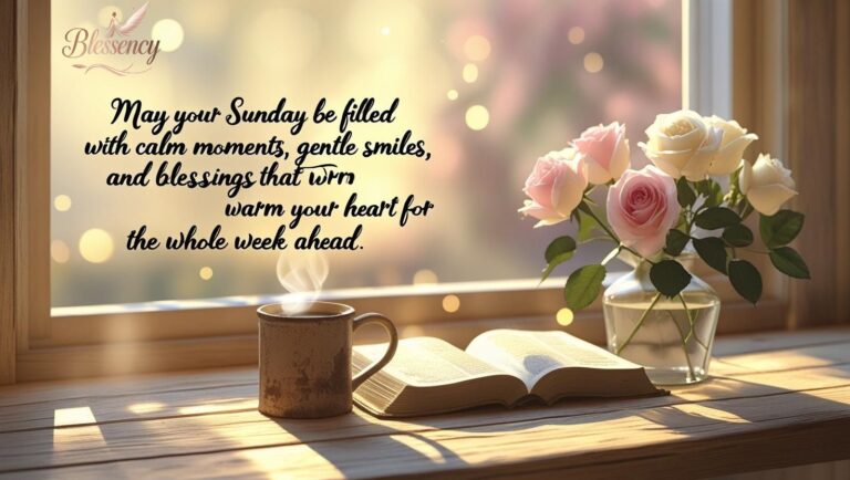 "Beautiful cozy Sunday morning with sunlight, coffee, Bible and flowers; emotional overlay text sharing positive sunday blessings for peace and hope."