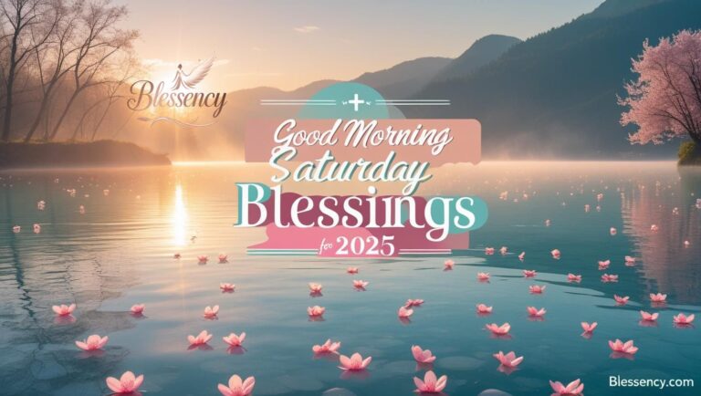 Beautiful good morning Saturday blessings 2025 image with colorful text overlay, cherry blossoms, sunrise over peaceful lake, and Blessency watermark