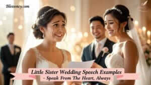 Young sister giving emotional wedding speech to bride with heartfelt expression – little sister wedding speech examples – Blessency