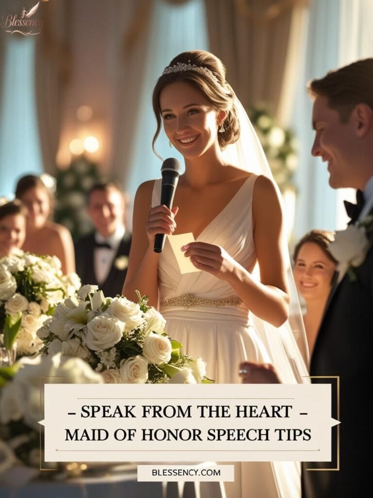 Confident Maid of Honor giving heartfelt wedding toast, bride emotional, wedding reception background — speech writing tips for best friend, sister, or cousin.