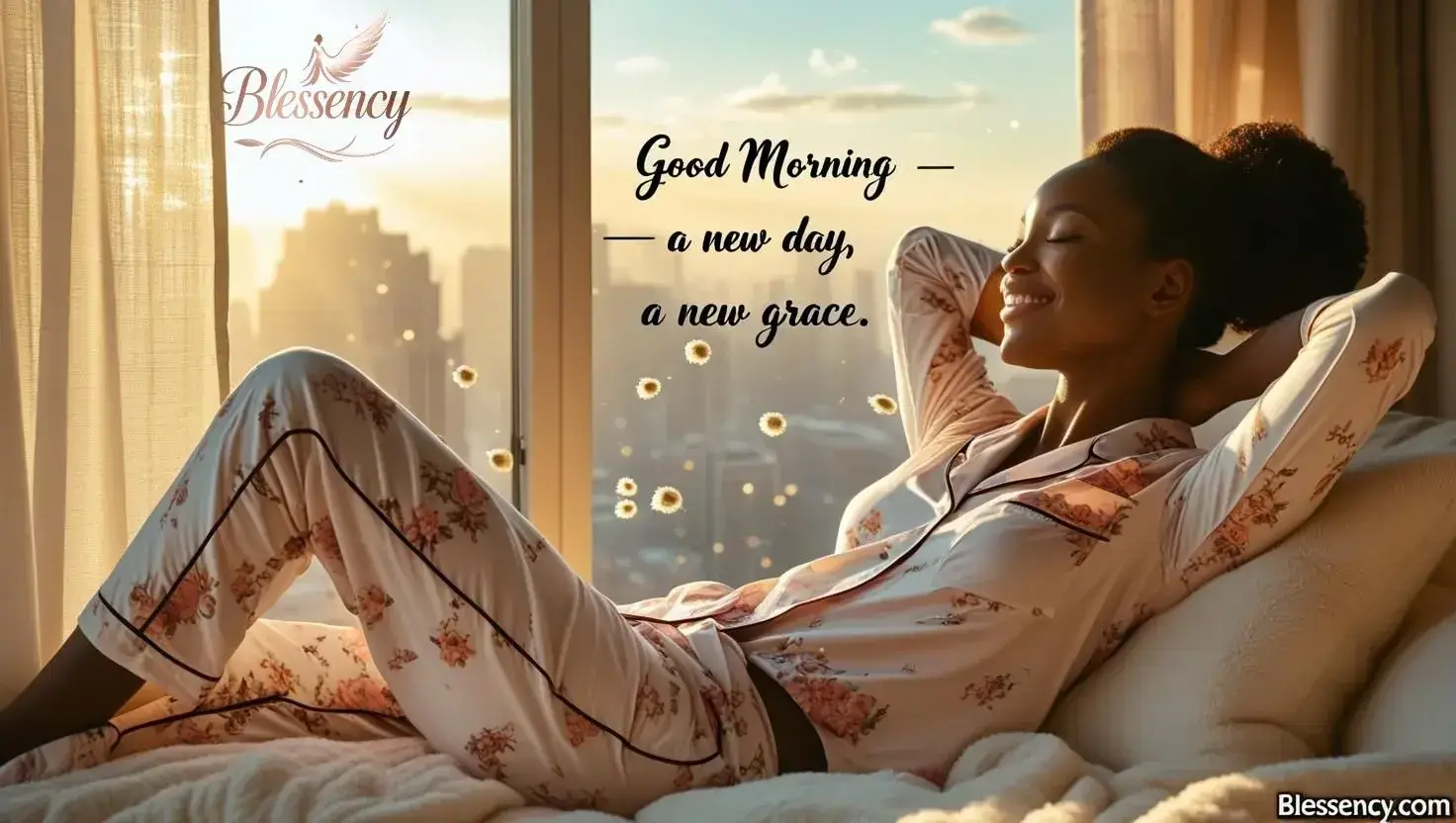 “Soulful Black woman in morning light – Good Morning with peace quote – blessency.com”