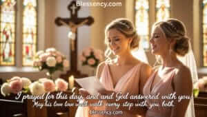 Maid of Honor holding a handwritten speech beside the bride in a softly lit wedding chapel, surrounded by white flowers and a glowing cross — a heartfelt moment of faith and love, perfect inspiration for Bible verses for Maid of Honor speech.